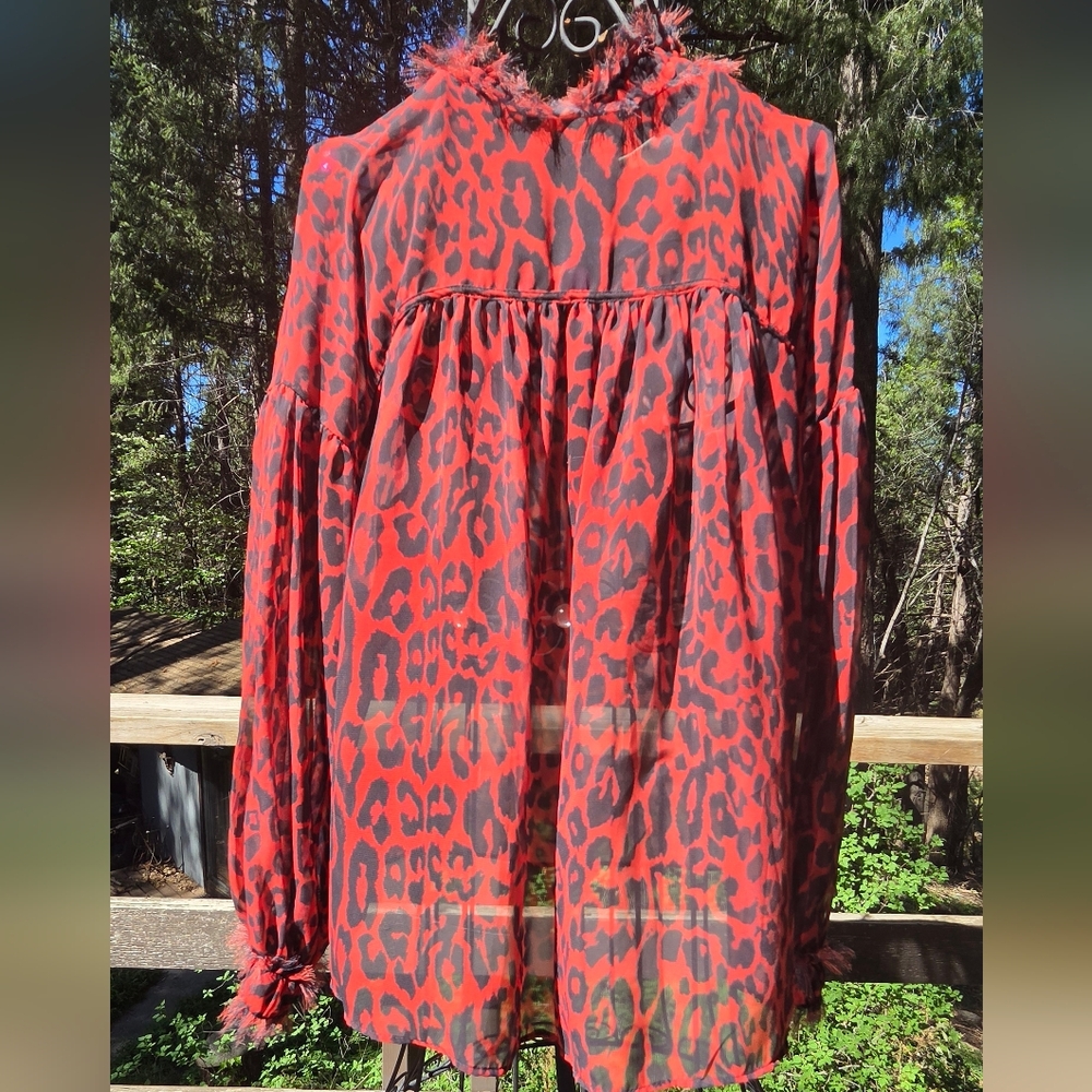 Zara 1975 Jeans Collection Red&Black Leopard Print Sheer Long Sleeve Blouse SzM - Picture 6 of 10